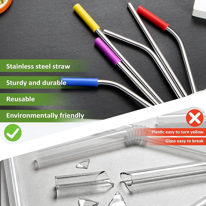 Lazycorner 16 Pcs Metal Straw Reusable 8.5" 10.5" 6mm Stainless Steel Straws for Tumblers 20oz-32oz, Silver Drinking Straws with Silicone Tips, 4 Straw Cleaner Brush, 1 Travel Case