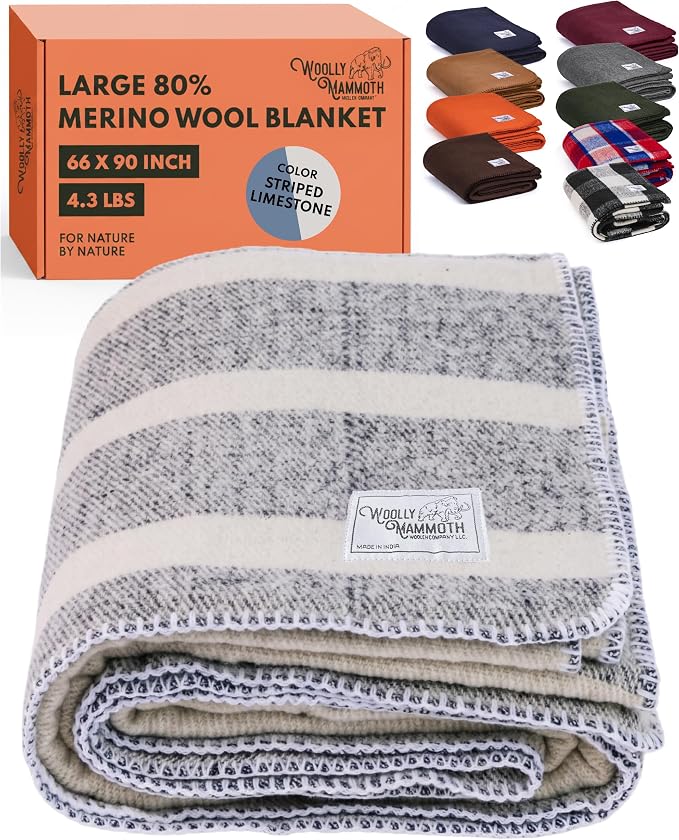 Woolly Mammoth Woolen Company Merino Wool Blanket, 66" x 90" Limestone | Temperature Regulating - Fire-Resistant - Warm Camping Blanket for Car Emergency Kits, Picnics, Summer Festivals and Stadiums