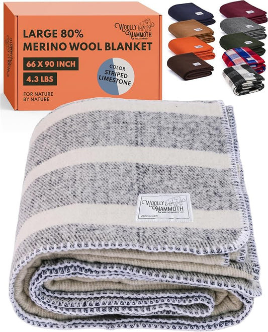 Woolly Mammoth Woolen Company Merino Wool Blanket, 66" x 90" Limestone | Temperature Regulating - Fire-Resistant - Warm Camping Blanket for Car Emergency Kits, Picnics, Summer Festivals and Stadiums