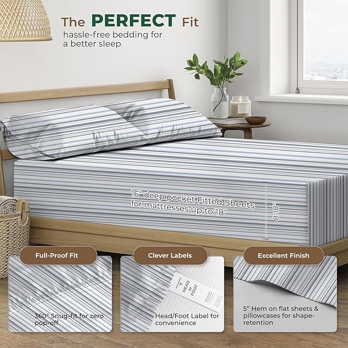 THREAD SPREAD 100% Organic Cotton Sheets Twin Size - Organic Cotton Twin Percale Weave Sheet Set (3 PC, Variegated Stripe), Soft, Cooling, Crisp & Breathable, 16" Deep Pocket Bedding Set for Dorm Room