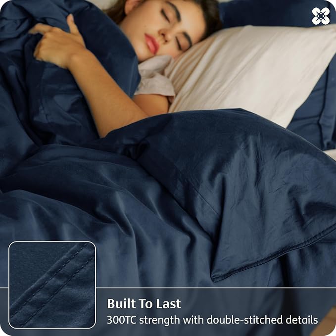 Bedsure GOTS Organic Cotton Queen Duvet Cover Set, Navy Blue, 90" x 90" | for Sensitive Skin—8 Interior Ties Keep Insert Secure, Hidden Zipper, Breathable Comfort in Ivory with 2 Pillow Shams