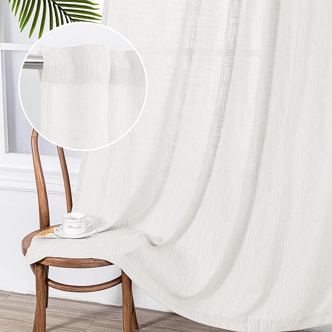 MYSKY HOME Extra Long Curtains for Living Room, Soft Cotton Fabric Boho Window Curtain Drapes Light Filtering Semi Sheer Backdrop Panels, Beige White, 50 x 108 Inches, 2 Pieces