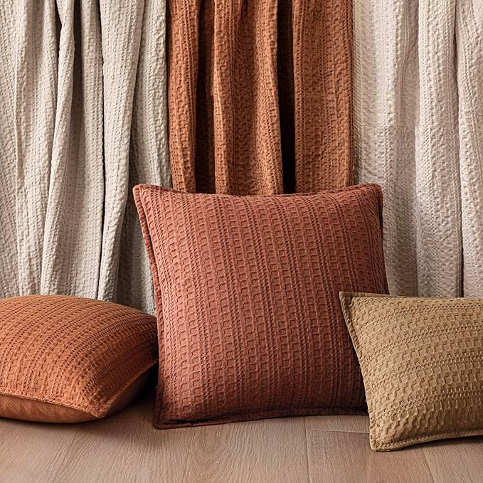 Foindtower Set of 2 Decorative Cotton Waffle Weave Throw Pillow Cover Euro Shams Cushion Covers Accent European Pillowcase For Bed Couch Sofa Bedroom Living Room Home Decor 26×26 Inch Fall Rust Orange