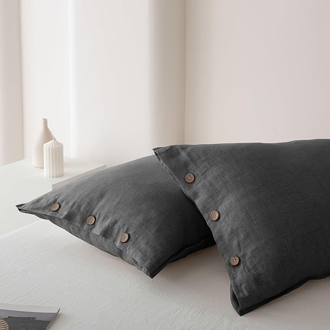 EVERLY 100% Linen Pillowcases Set of 2,French Linen from Normandy, 20X30Inch Standard Size, Natural Color, Coconut Buttons Closure, Flax Pillowshams-Pillowcase-Dark Grey