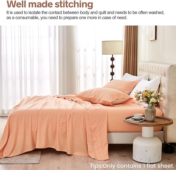 BISELINA Linen Sheet French Flax Flat Sheet Only 55% Euro Linen 45% Cotton Basic Style Solid Color Soft Breathable Farmhouse Top Sheet 1-Piece (Twin, Peach)