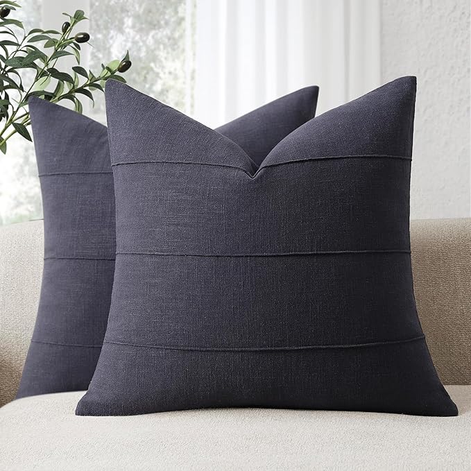 ZWJD Decorative Linen Throw Pillow Covers 18x18 Set of 2 Solid Handcrafted Striped Cushion Covers for Bed Soft Modern Farmhouse Neutral Pillowcase for Couch Bedroom Living Room Home Decor(Dark Navy)