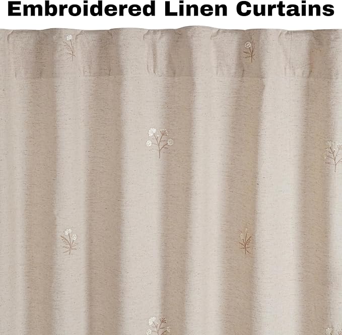 Bedding Craft Linen, Drapes, Linen Room Darkening, Flax,& Drapes, Natural, Taupe 96 inch_Embroidered