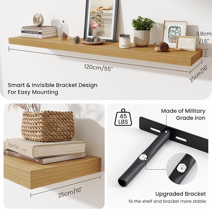 Fun Memories 55 Inch Fireplace Mantel Shelf, 10 Inch Deep Shelves for Display & Wall Storage, Rustic Wood Wall Shelf, Extra Long Floating Shelves for Living Room Laundry Room, Oak, Set of 2