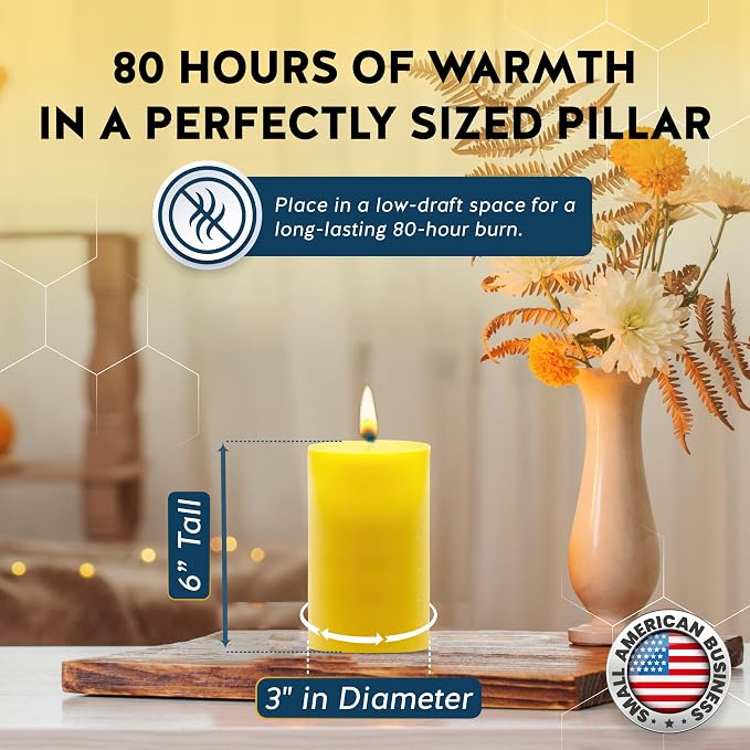 100% Pure Beeswax Candle – Long Lasting Burn – Non-Toxic & Hypoallergenic – Natural Honey Aroma – Handcrafted – Sustainably Sourced – Alternative Imagination – 3x6 Inch – Natural Yellow
