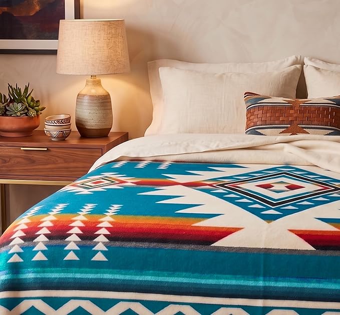Alpaca Wool Throw Blanket, Native Design Wool Blanket, Throw Aztec Pattern Alpaca Wool Throw Blanket (Aquamarine, Queen 93" x 82")