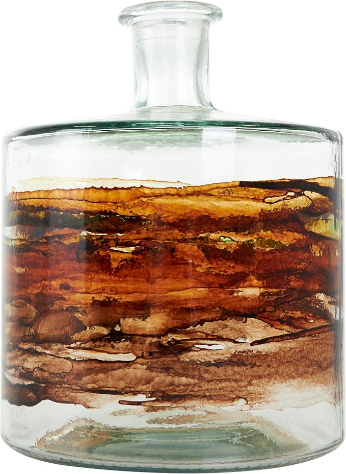 Deco 79 Recycled Glass Decorative Vase Abstract Spanish Bottle Centerpiece Vase with Swirled Colored Glass Bands, Flower Vase for Home Decoration 8" x 8" x 10", Clear