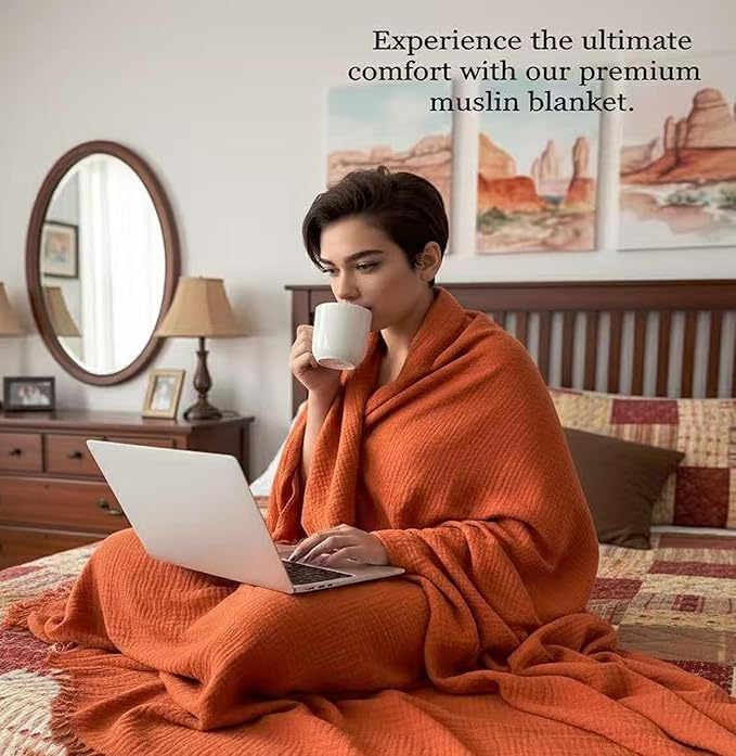 KyraHome Muslin Throw Blankets for Adults, Kid, 50"x60",100% Cotton Plant Dyed, Breathable, Lightweight Gauze Soft Cotton Blanket for Couch, All Season (Terracotta/Rust Orange)