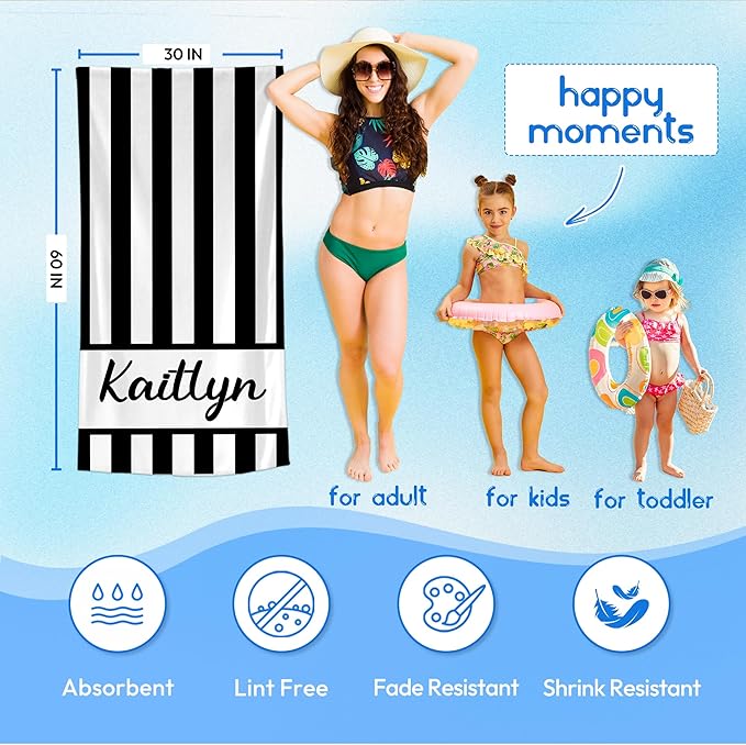 JML Personalized Beach Towel with Name, Custom Cabana Stripe Beach Towel, Customized Microfiber Pool Towel, Quick Dry & Absorbent Swim Towel for Adult,Anniversary, Birthday, Summer Holiday,Vacation