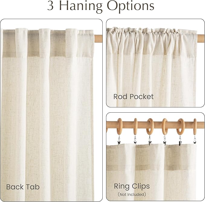 NICETOWN Natural Linen Doorway Curtains 78 inches Long, Rod Pocket & Back Tab Privacy Added with Light Filtering Linen Blend Window Treatments for Loft/Home Office, W68 x L78, 2 Panels