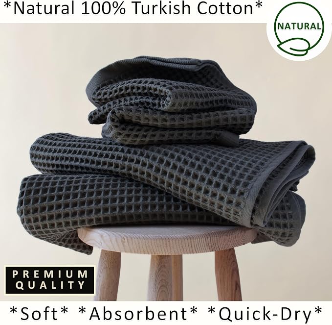 PÜSKÜL 4-Piece Natural 100% Turkish Cotton Luxury Waffle Towels for Bathroom | Premium Honeycomb Weave 2 Hand Towel & 2 Bath Towel Set | Soft Absorbent Quick-Dry Lightweight Towels (anthracithe)