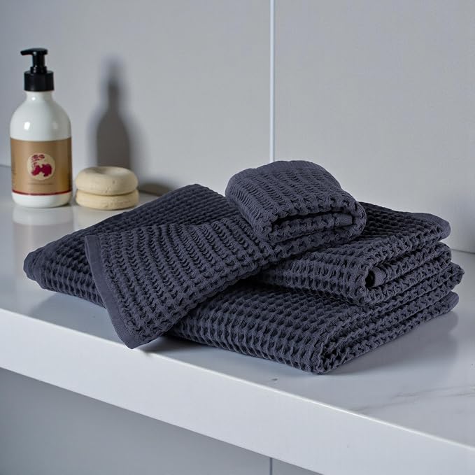 DEMMEX Organic Cotton Waffle Weave Turkish Hand Towels for Bathroom & Kitchen, Large 20x30 in, 100% Oeko-TEX Certified Ultra Soft Cotton, Lightweight Quick Dry Waffle Hand Towels, Set 2 (Charcoal)