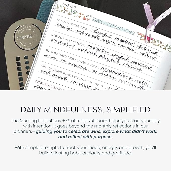 MäksēLife Morning Intentions & Gratitude Journal - A5 Lay-Flat Binding, Vegan Leatherette Cover, 120GSM Recycled Paper, Daily Prompts for Mindfulness and Positive Affirmations