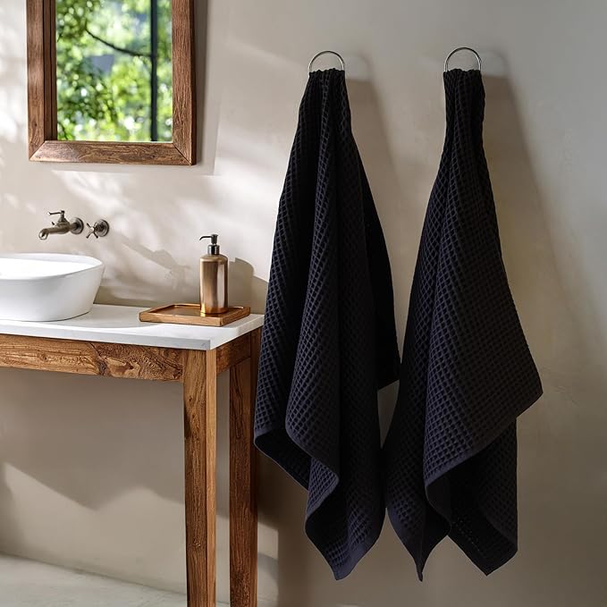 Püskül Waffle Bath Towels for Bathroom, Premium 100% Turkish Organic Cotton, 32x63 Inches, Pack of 2 (Black)