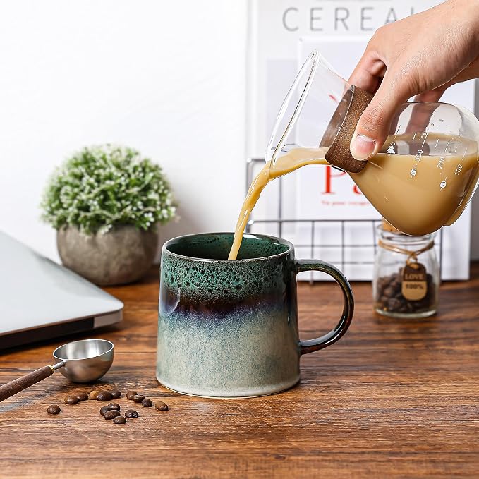 Large Ceramic Coffee Mugs, 20 oz Handmade Pottery Mug, Big Tea Cups with Handle for Office and Home, Dishwasher and Microwave Safe (Ink Green)