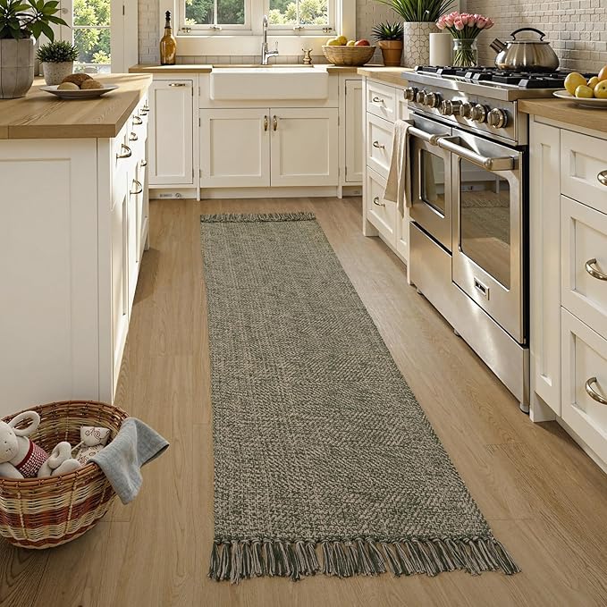 Collive Long Hallway Runner Rug 2.6' x 7', Washable Rugs Indoor Entryway Runner Rug, Modern Natural/Green Kitchen Runner Rugs Cotton Braided Low-Profile Bedroom Carpet for Laundry Room Bathroom