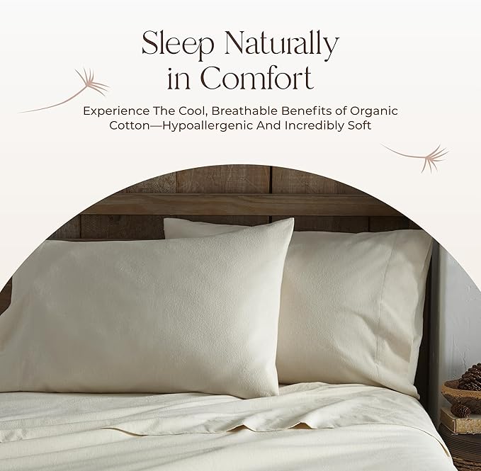 100% Organic Flannel Sheets Twin Size - GOTS Certified 100% Cotton Flannel Sheets Set with Comfortable Soft Brushed Finish & Deep Pocket - 1 Flat 1 Fitted & 1 Pillowcase (Natural, Twin)