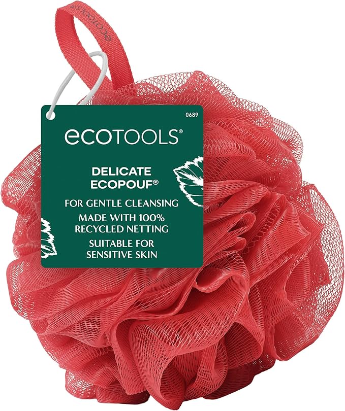 EcoTools Delicate EcoPouf Body Loofah, Gentle Exfoliating Shower Sponge for Sensitive Skin, 100% Recycled Netting Bath Pouf, 1 Count