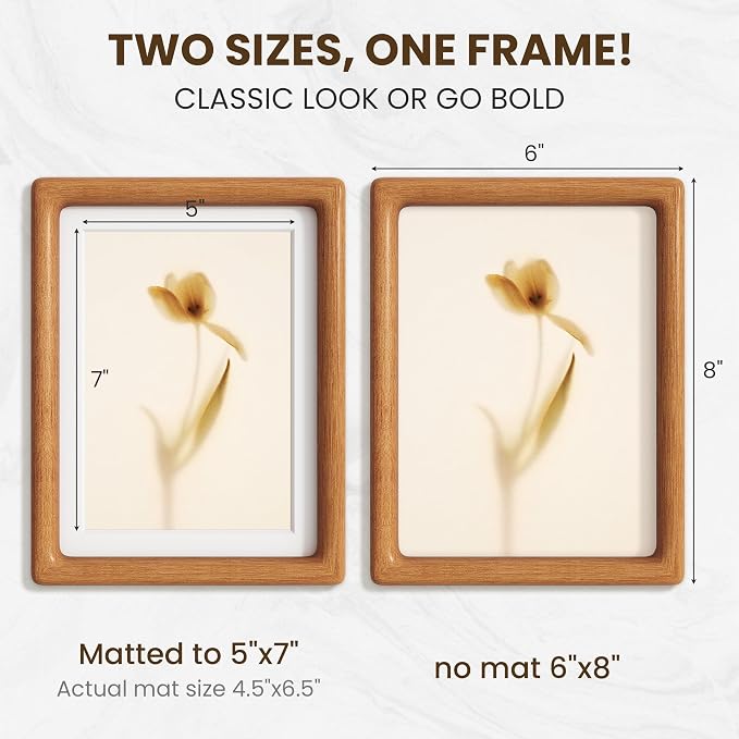 6x8 Picture Frame, USA-Sourced Teak Wood Photo Frames with HD Tempered Glass, Display Photo 5x7 with Mat or 6x8 Without Mat, 5x7 Frame for Tabletop or Wall Display, Teak Color, 1 Pack