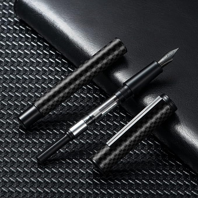 HONG DIAN Black Forest Pro Carbon Fiber Fountain Pen, Medium Nib Modern Design Smooth Writing Pen with Ink Refill Converter and Metal Pen Box Set