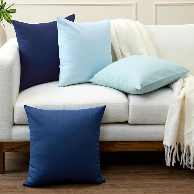 Encasa XO Throw Pillow Covers 18x18 in Set of 4 Blue Combo | No Inserts | Cotton Pillow Covers for Living Room, Bed, Sofa, Couch | Decorative Cushion Covers with Improved Zipper