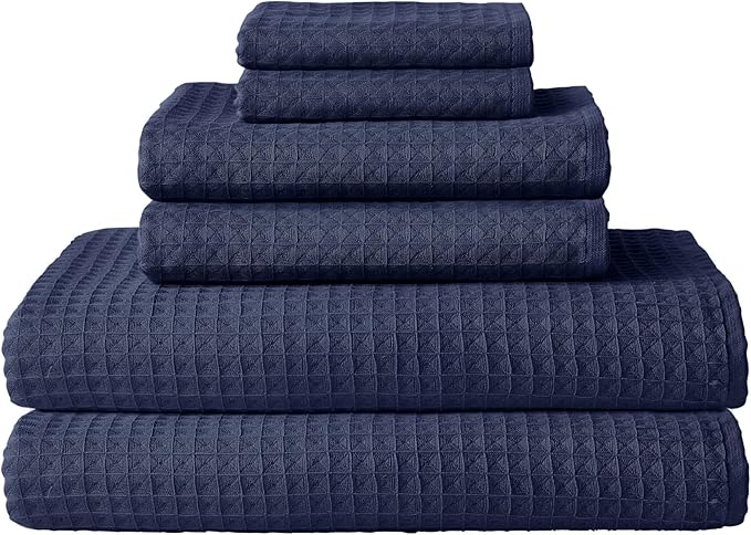 UCHINO Waffle Twist Cotton Weave Towel Set for Bathroom – 2 Bath, 2 Hand, 2 Washcloths, Lightweight Absorbent Quick Dry Honeycomb Texture Solid Terry Loop Reverse, 6 Piece, Indigo