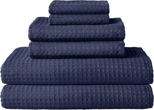 UCHINO Waffle Twist Cotton Weave Towel Set for Bathroom – 2 Bath, 2 Hand, 2 Washcloths, Lightweight Absorbent Quick Dry Honeycomb Texture Solid Terry Loop Reverse, 6 Piece, Indigo