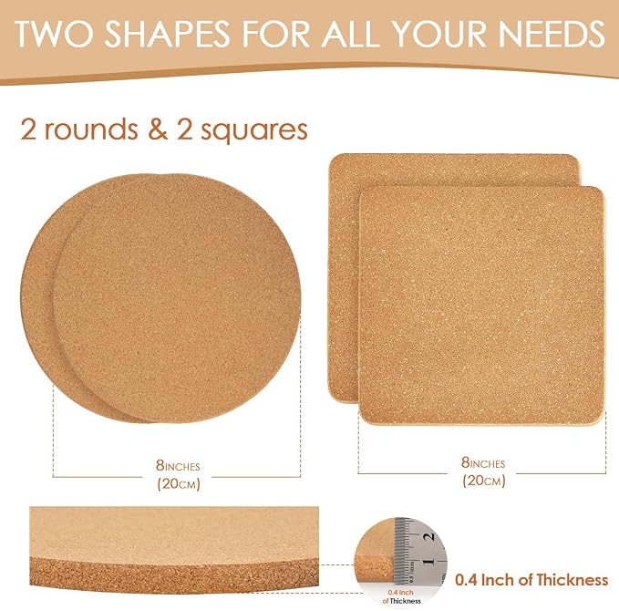 Cork Trivet Set - High Density Thick Cork Trivets for Hot Dishes, 8 Inch Heat Resistant Coaster, Placemats for Pots and Pans, 2 Round & 2 Square