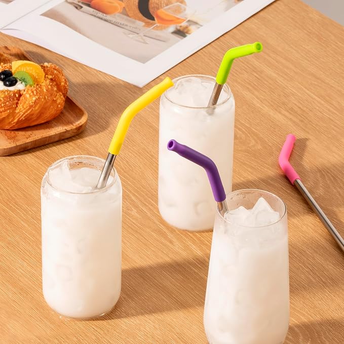 4Pack Reusable Stainless Steel Metal Straws for 40 oz Tumblers | Long Drinking Straws with Colourful Silicone Tips, Cleaning Brushes Included