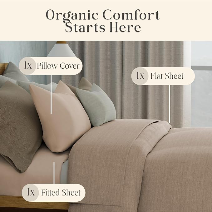 Delilah Home 100% Organic Cotton Twin Bed Sheet Set, GOTS & Vegan.org Verified, Long Stem 300 TC Sateen Bedding, Non-Synthetic, Deep Pocket Fitted Linen, Lightweight, All-Season, 3 Piece Set - Beige