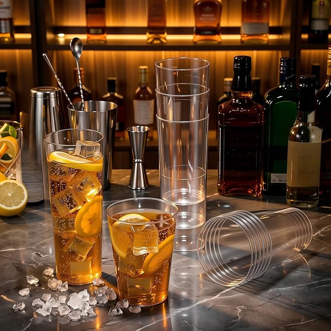 48 Packs Clear Plastic Drinking Glasses Set 10oz Hard Plastic Highball Drinking Glasses & 8 oz Water Cups Collins Whiskey Cups Smoothie Tumbler Drinkware for Iced Coffee, Beer, Cocktail