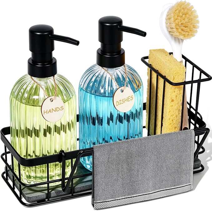 Hand and Dish Soap Dispenser Set, 14.4 oz/425 ml Dish Soap Dispenser, Dish Soap Dispenser with Sponge Holder & Diatomite Tray, for Countertop Organizer