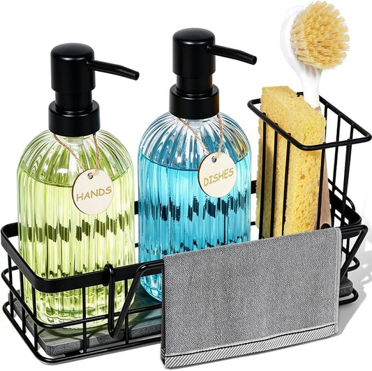 Hand and Dish Soap Dispenser Set, 14.4 oz/425 ml Dish Soap Dispenser, Dish Soap Dispenser with Sponge Holder & Diatomite Tray, for Countertop Organizer