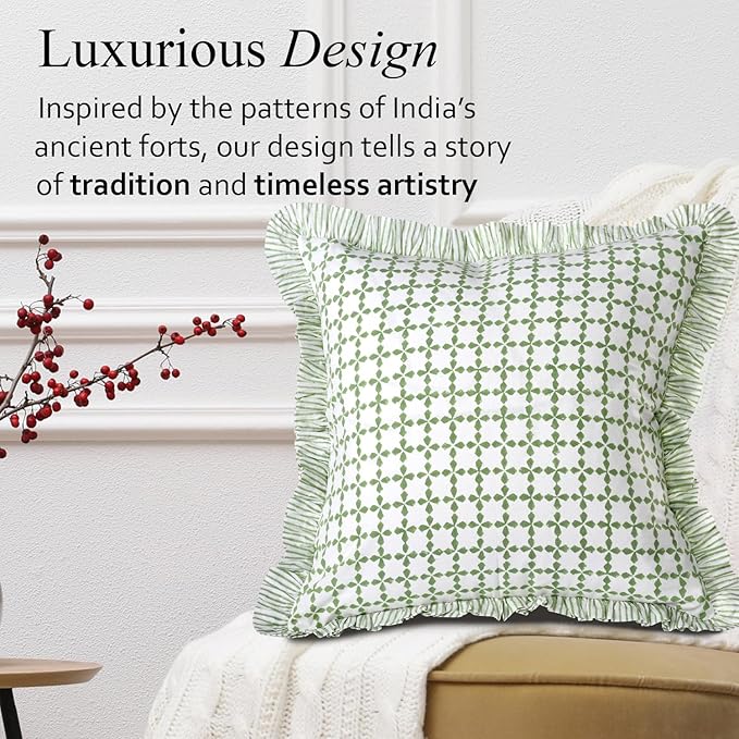 CPC Kelly Green Hand Block Print 100% Cotton Ruffle Throw Pillow Cover 20x20 inch with Hidden Zipper Decorative for Couch, Bed, Sofa, Farmhouse, Cottagecore Decor Gift Christmas Fall Thanksgiving