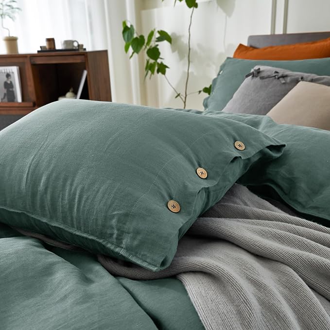 EVERLY 100% Pure Linen Duvet Cover Set Queen Size90X90Inch 3pcs (1 Duvet Cover,2 Pillowcases) Soft and Breathable for All Season with Coconut Button Closure, Suitable for Hot Sleepers-Aqua-Queen
