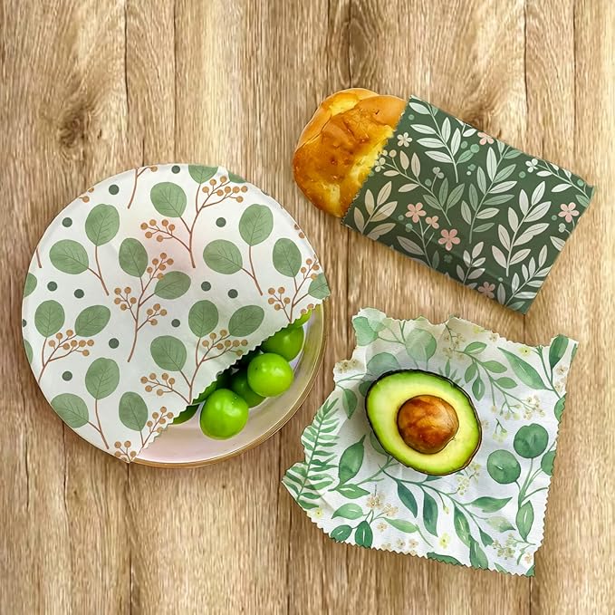 Reusable Beeswax Wraps, 9 Pack Eco-Friendly Food Storage, Organic, Sustainable, Biodegradable, Zero Waste, Plastic-Free, For Sandwich, Bowl, Bread, 1XL, 3M, 5S, Botanical Leaves Pattern
