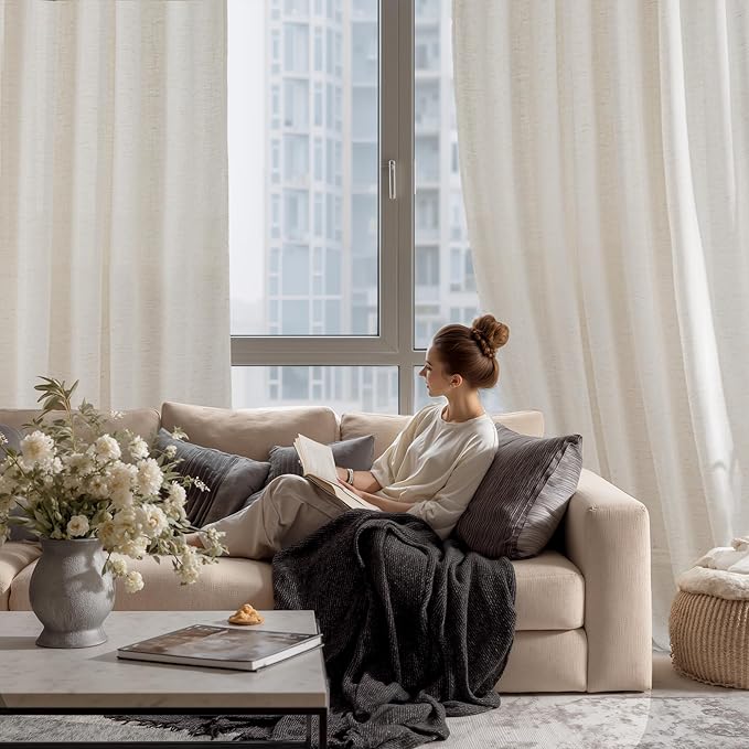 RYB HOME Sheer Linen Curtains Extra Long Light Airy Privacy Protected High Ceiling Window Curtains for Bedroom Living Room, Rod Pocket & Back Tab, Ivory, W 52 x L 120 inch, Set of 2