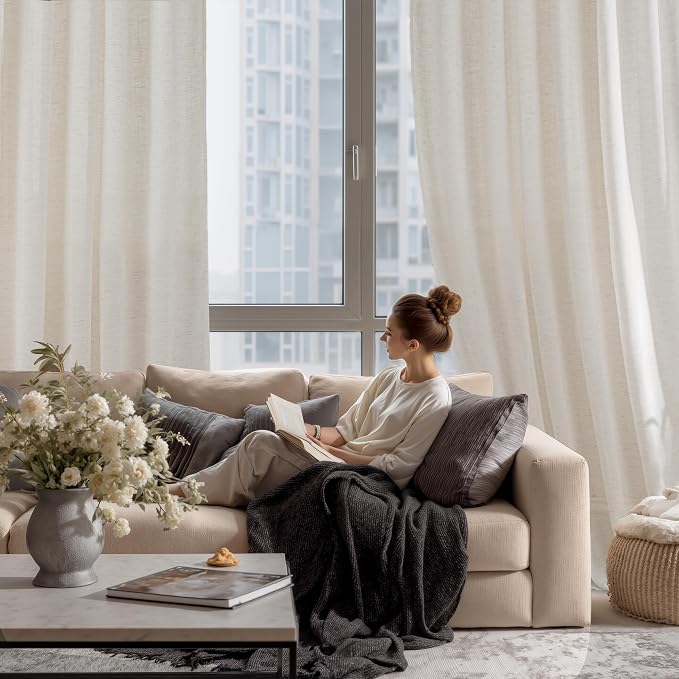 RYB HOME Linen Sheer Curtains Light & Airy Translucent Privacy Protected Vertical Panels for Bedroom Living Room, Rod Pocket & Back Tab, Ivory, W 52 x L 95 inch, 2 Panels
