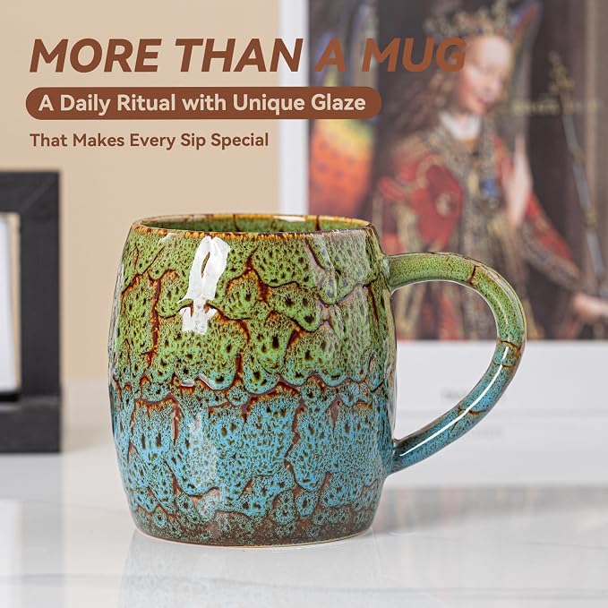Handmade 22oz Ceramic Coffee Mug, Ergonomic Large Handle, Ideal Gift for Coffee Lovers, Microwave & Dishwasher Safe (Bas-Relief - Green&Blue)