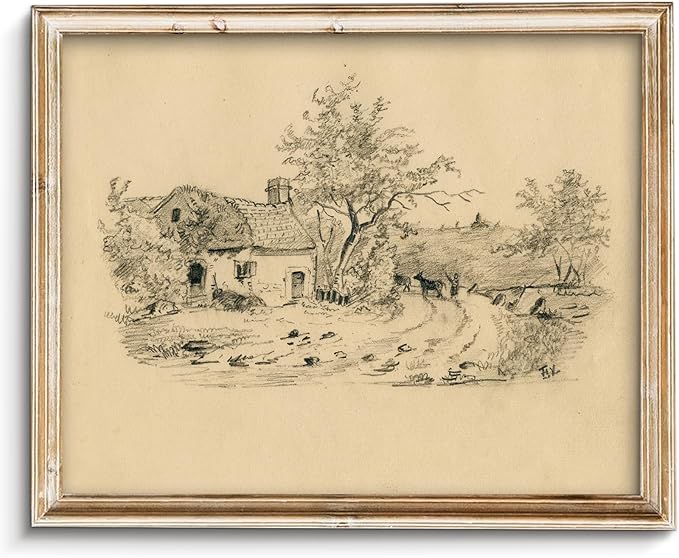 Vodefoad Sketch Cottage Retro Vintage Canvas Wall Art Rural Life Murals Vintage Neutral Wall Art for Home Decor Farmhouse Landscape Sketch Drawing Wall Decor Rustic Nature Canvas Prints Antique Neutral Landscape Oil Painting Vintage Art Pictures for Be...