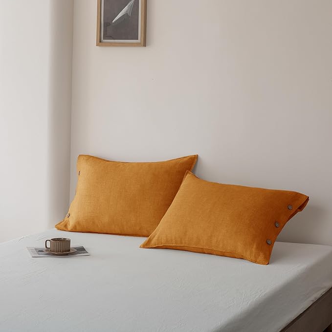 EVERLY 100% Linen Pillowcases Set of 2, French Linen from Normandy, 20X26Inch Standard Size, Natural Color, Coconut Buttons Closure, Flax Pillowshams-Pillowcase-Caramel