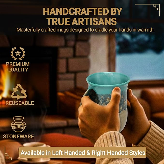 Clay in Motion Hand Warmer Coffee Mug – Handmade Coffee Mug With Comfortable Handle Contoured Pocket Hand Warming Ceramic Coffee Mug – Proudly Made in USA – Left Handed – 14 Oz - Island Oasis