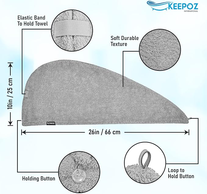 KEEPOZ Hair Towel Wrap Quick Dry 100% Cotton Super Absorbent Turban Head Wrap for Women with Button, Non Microfiber Anti Frizz Hair Products, Hair Cap for Curly, Long Hair (Grey, 1 Pc)