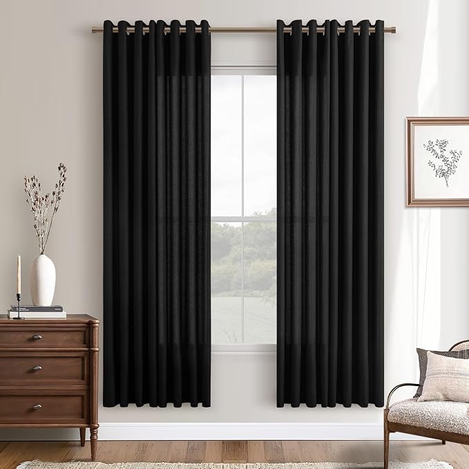 Black Linen Sheer Curtains 72 Inch Length for Bedroom Grommet Not See Through with Light Filtering Privacy Semi Sheer Modern Farmhouse Curtains for Living Room Cabin Gothic Decor 72 Inches Long