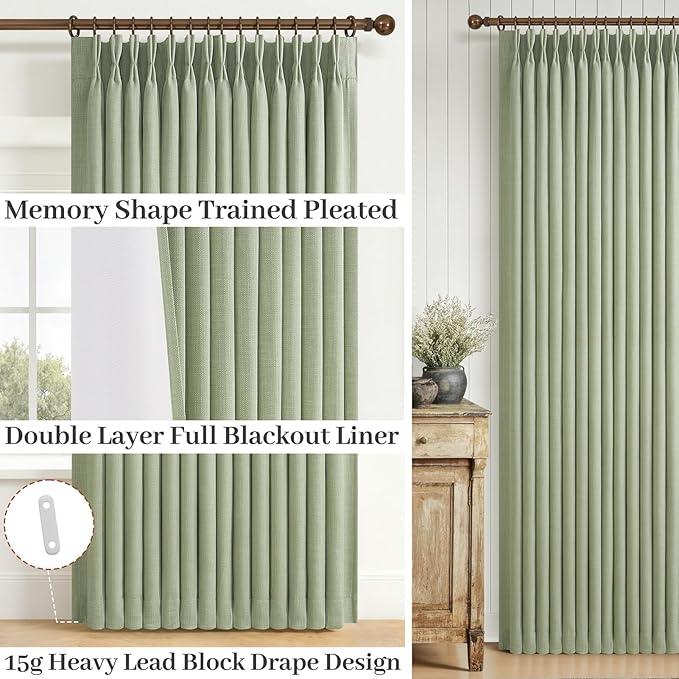 Sage Green Pinch Pleat Flax Linen 92 Inch Bedroom Curtains 2 Panels Set, Memory Trained Blackout Noise Cancelling Dual Layer Drapes Thermal Elegant Windows Curtain for Living Room 90-92 Inches Long