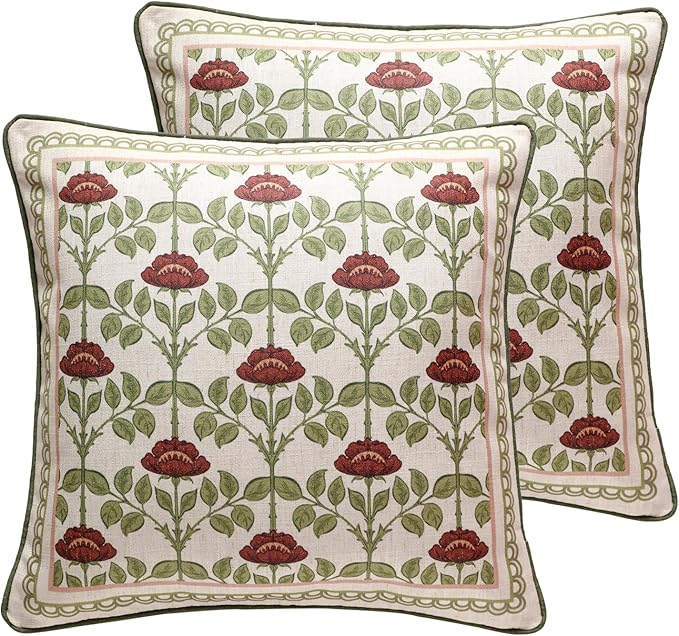 ISAENNE Design Linen Square Throw Pillow Covers 18"x18" Pack of 2, Yellow Green French Cushion Covers with Red Rose Floral Pattern Decoration Pillowcases for Bed, Living Room, Outdoor, Car